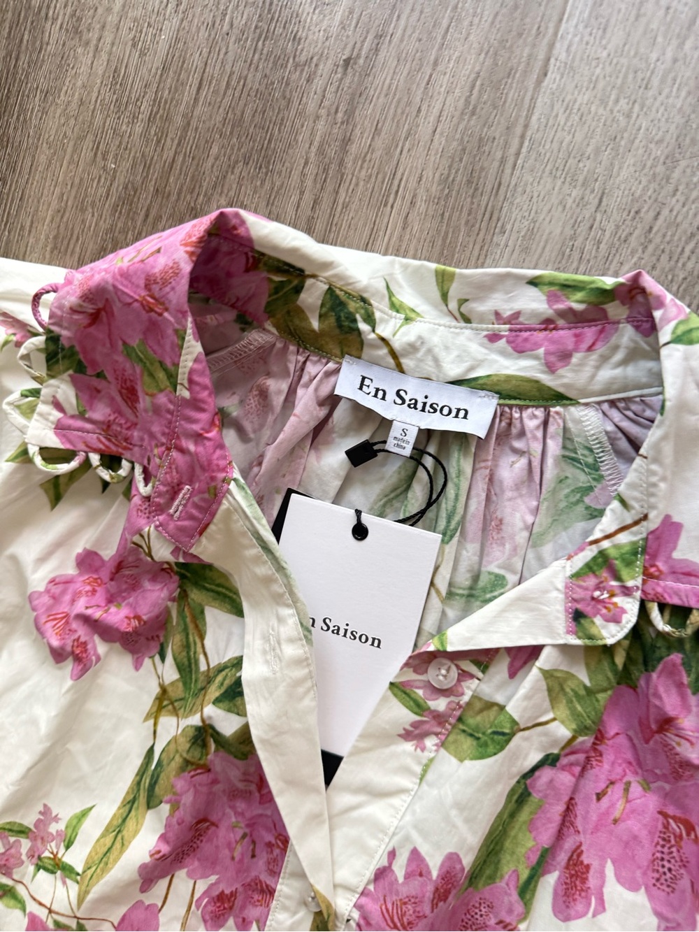 en saison esther pink & white floral long sleeve button front midi dress small - Picture 8 of 9